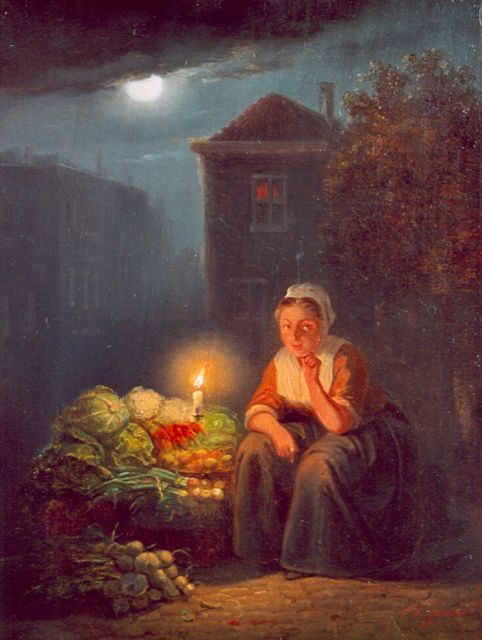 Sjamaar P.G.  | A vegetable stall by candlelight, oil on panel 20.9 x 15.6 cm, signed l.r.