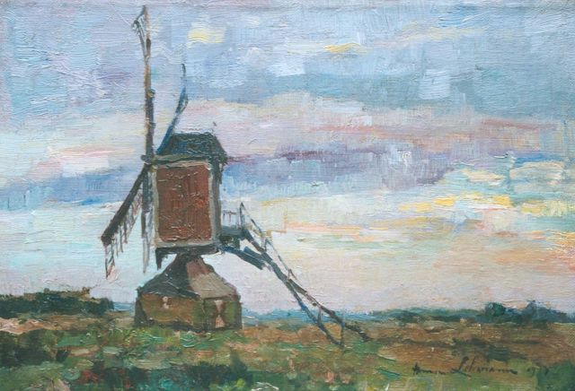 Lehmann A.E.F.  | A windmill in a landscape by dusk, oil on canvas 23.5 x 34.3 cm, signed l.r. and dated 1917