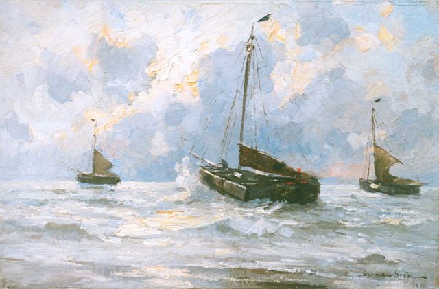 German Grobe | 'Bomschuiten' setting out for sea, Katwijk, oil on panel, 31.9 x 48.0 cm, signed l.r. and dated 1897