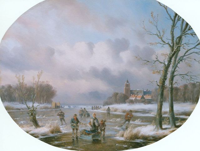 Carl Eduard Ahrendts | Skaters on the ice in winter, oil on panel, 31.0 x 39.7 cm, signed l.r.