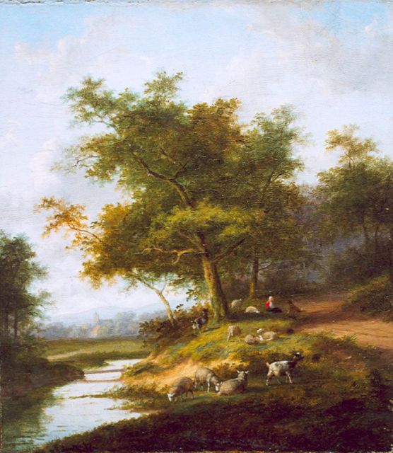 Morel II J.E./Van Severdonck F. | A shepherdess and flock, oil on canvas, 32.7 x 29.0 cm, signed l.c.