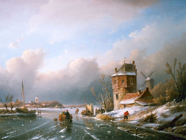 Jan Jacob Spohler | Figures on the ice by a 'koek en zopie', oil on canvas, 52.2 x 69.6 cm, signed l.l.
