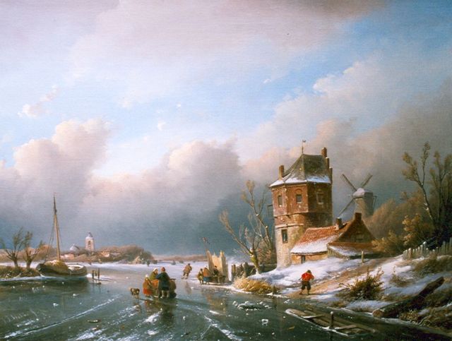 Spohler J.J.  | Figures on the ice by a 'koek en zopie', oil on canvas 52.2 x 69.6 cm, signed l.l.