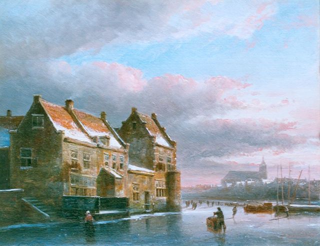 Kasparus Karsen | Skaters on a frozen canal at sunset, oil on panel, 21.0 x 26.9 cm, signed l.l. and dated 1880