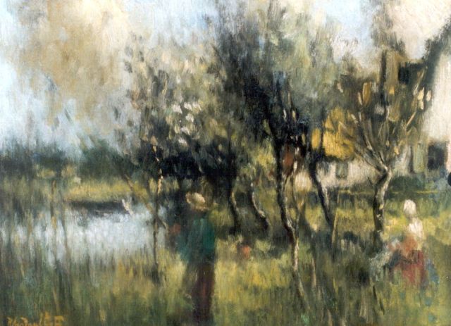 Henri van Daalhoff | Figures on the riverbank, oil on panel, 24.4 x 32.5 cm, signed l.l.