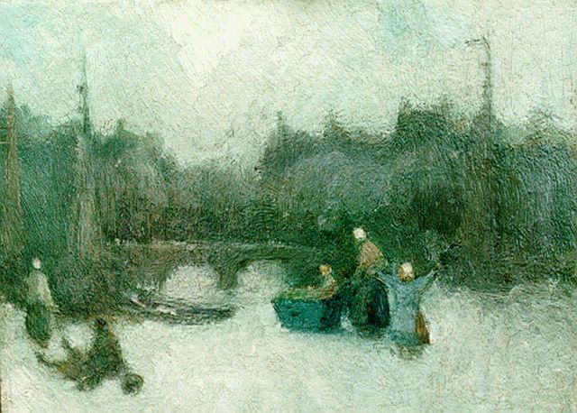 Daalhoff H.A. van | Ice skating on a frozen waterway, oil on panel 13.0 x 18.0 cm, signed l.r.