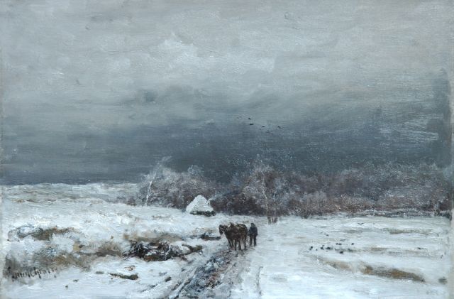 Louis Apol | A traveller in a snow-covered landscape, oil on canvas, 33.9 x 49.8 cm, signed l.l.