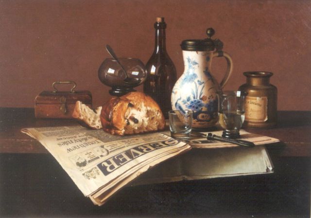 Bubarnik G.  | A still life with bread, bottles and a newspaper, oil on panel 50.0 x 70.0 cm, signed l.r.