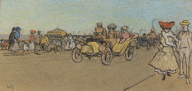 Sluiter J.W.  | Strollers on the boulevard of Scheveningen, pen, ink and chalk on paper 12.0 x 24.5 cm, signed l.l. with initials