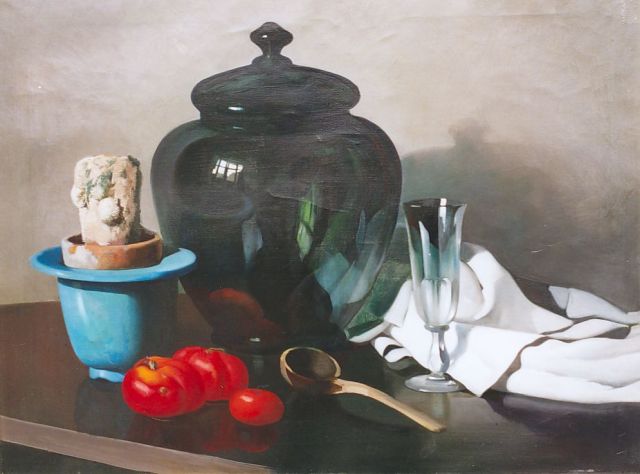 Hoff A.J. van 't | A still life with a glass and cactus, oil on canvas 56.7 x 75.8 cm