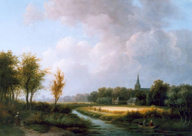 Klerk W. de | A river landscape, with a church beyond, oil on panel 26.5 x 37.3 cm, signed l.r.