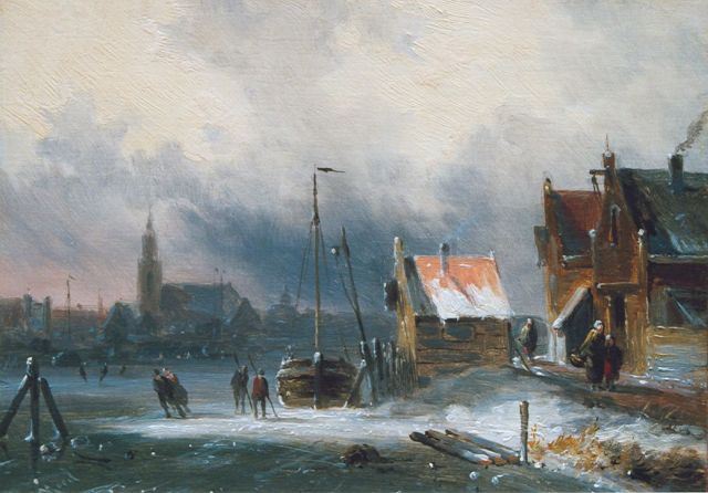 Morel II J.E.  | Skaters on a frozen waterway, oil on panel 15.8 x 21.6 cm, signed l.l.