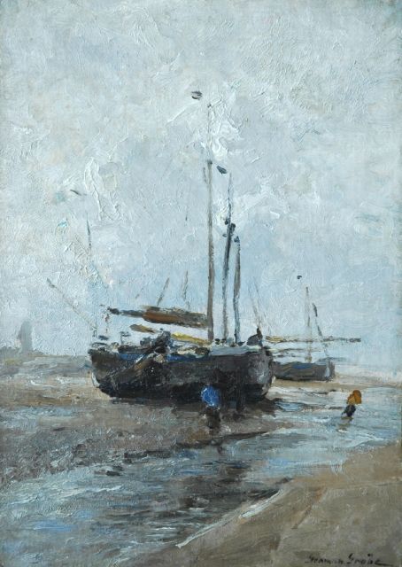 German Grobe | 'Bomschuit' on the beach, oil on canvas laid down on painter's board, 47.3 x 34.0 cm, signed l.r.