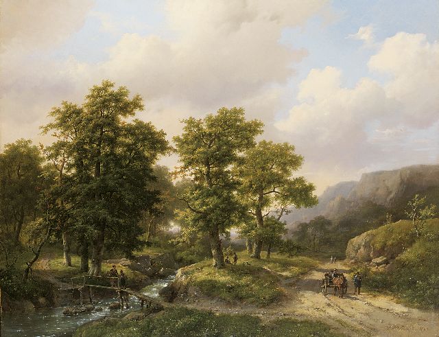 Marinus Adrianus Koekkoek I & Hermanus Koekkoek sr. | A wooded mountain landscape with a cart and figures near a creek, oil on canvas, 61.8 x 79.9 cm, signed l.r. and dated 1862