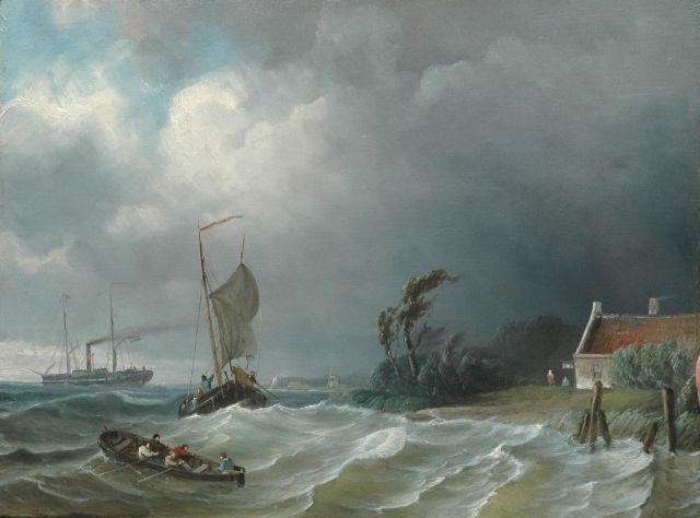 Schiedges P.P.  | Shipping in stormy waters, oil on panel 38.8 x 52.3 cm, signed l.r. traces of signature