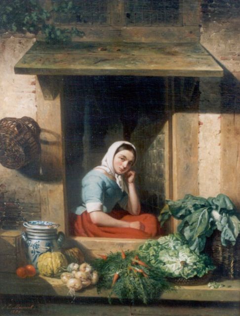 Masurel J.E.  | Selling vegetables, oil on canvas 53.0 x 40.8 cm, signed l.l. and dated 1852