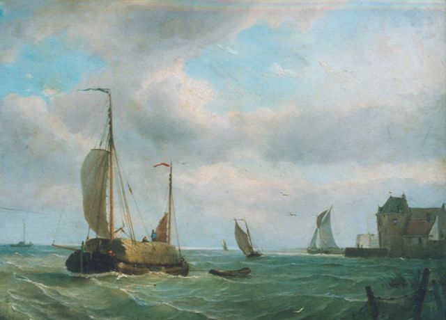 Schiedges P.P.  | A haybarge near the coast, oil on panel 39.2 x 52.4 cm, signed l.l. and dated '64