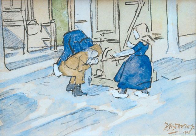 Jan Toorop | Children by a pump, black chalk and watercolour on paper, 11.3 x 15.8 cm, signed l.r. and dated 1903
