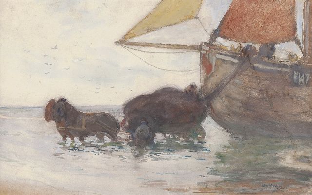 Willy Sluiter | Loading the nets onto the 'Katwijk 7', watercolour on paper, 28.8 x 46.7 cm, signed l.r. and dated '98