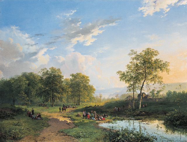 Koekkoek B.C.  | An elegant company in a river landscape, oil on canvas 56.3 x 74.0 cm, signed l.r. and dated 1831