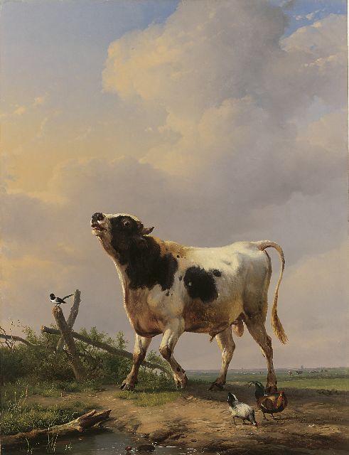 Verboeckhoven E.J.  | A bull in a polder landscape, oil on panel 72.4 x 55.0 cm, signed l.r. and dated 1851