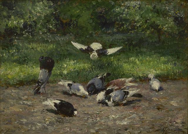 Joors E.  | Pigeons in the park, oil on panel 24.0 x 32.5 cm, signed l.r. and dated 1895