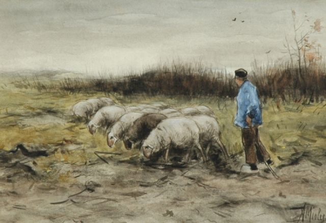 Adriaan Miolée | A shepherd with his flock of sheep, watercolour on paper, 21.5 x 31.0 cm, signed l.r.