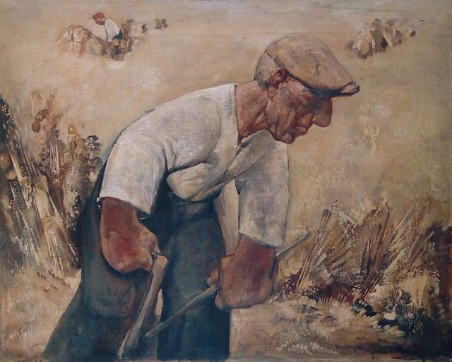 Berg W.H. van den | Harvesting farmer, oil on canvas 40.7 x 50.6 cm, signed l.r.