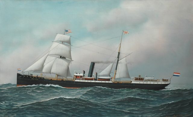 Jacobsen A.N.G.  | The steamer Oranje Nassau setting sail for America, oil on canvas 56.3 x 91.4 cm, signed l.r. and dated 1901