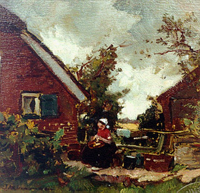 Akkeringa J.E.H.  | A farmyard with a woman peeling potatoes, oil on panel 15.7 x 16.2 cm, signed l.l.