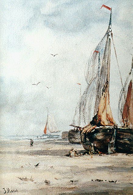 Jacob Maris | Barges on the beach, watercolour on paper, 36.0 x 25.0 cm, signed l.l. and on the reverse