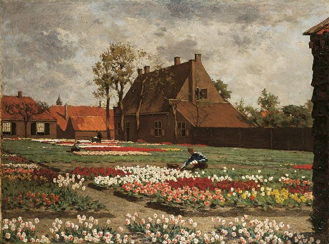 Koster A.L.  | A bulb field with the house of 'Benedictus de Spinoza', Rijnsburg, oil on canvas 75.1 x 100.4 cm, signed l.l.