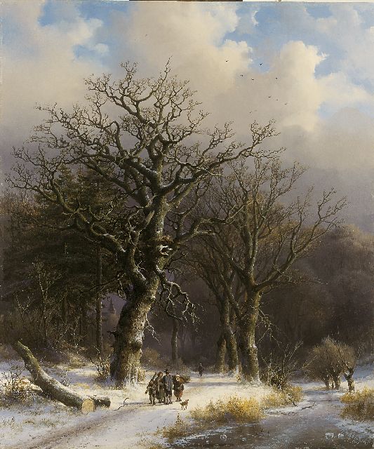 Klombeck J.B.  | Oak forest with wood gatherers in winter, oil on panel 69.6 x 58.4 cm, signed l.r. and dated 1857