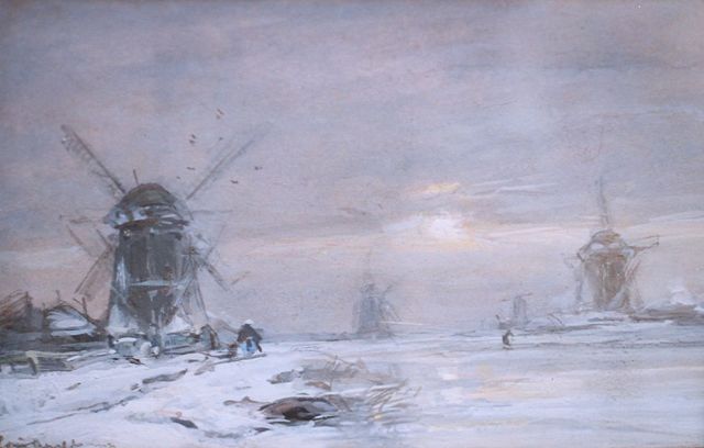Louis Apol | A winter landscape with windmills along a canal, gouache on paper, 11.1 x 17.7 cm, signed l.l.
