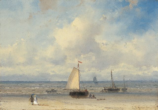 John Franciscus Hoppenbrouwers | Elegant figures on the beach with 'bomschuiten' beyond, oil on panel, 16.1 x 22.8 cm, signed l.r.