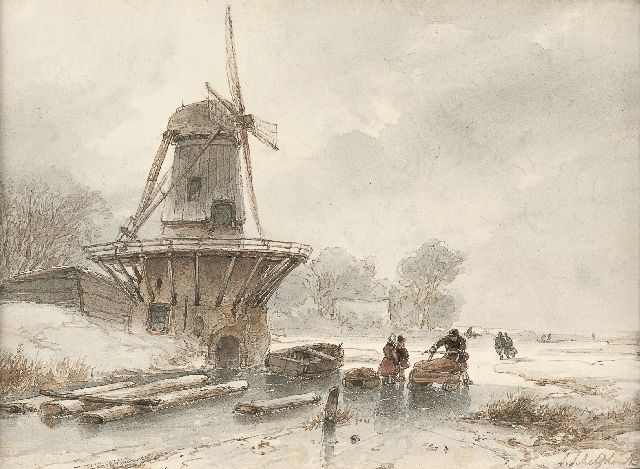 Schelfhout A.  | A winter landscape with skaters on the ice, watercolour on paper 15.0 x 20.0 cm, signed l.r.