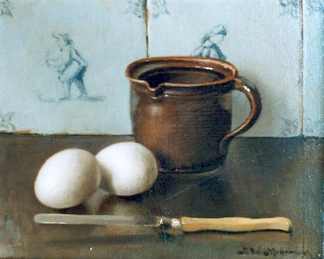 Pieter Wilhelm Millenaar | A still life with eggs and a knife, oil on canvas, 20.2 x 25.2 cm, signed l.r.