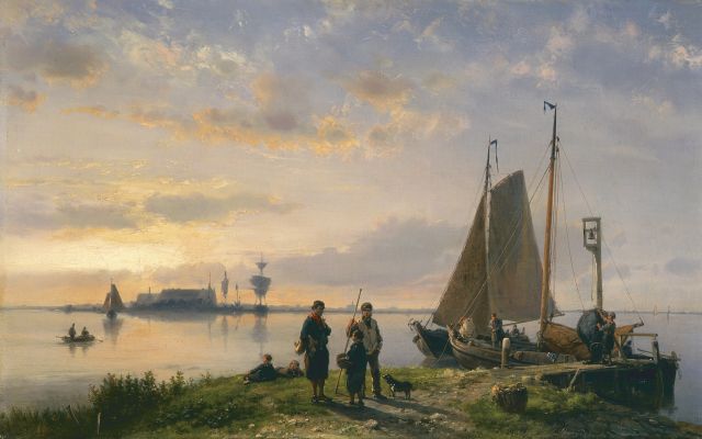 Koekkoek H.  | Avondstemming met vissers op de oever, oil on canvas 36.7 x 58.4 cm, gesigneerd r.o.