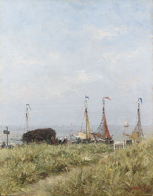 Mesdag H.W.  | Fisherfolk and 'bomschuiten' behind the dunes, oil on panel 50.5 x 39.5 cm, signed l.r. with initials and dated '75