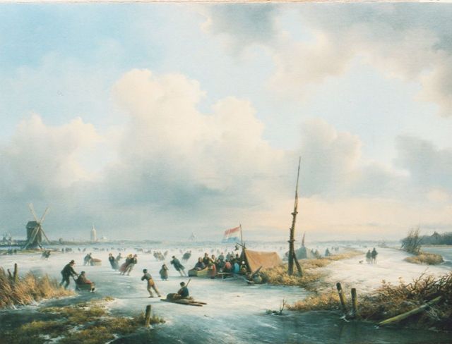 Kleijn L.J.  | Numerous people on the ice, oil on canvas 43.2 x 57.8 cm, signed l.l.