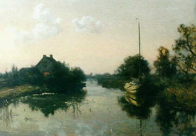 Willem Bastiaan Tholen | Evening twilight with a moored boat, the 'Eudia', oil on canvas, 71.2 x 102.3 cm, signed l.l.