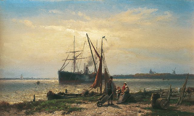 Jan H.B. Koekkoek | Anchored steamboat, oil on panel, 24.9 x 42.1 cm, signed l.l.