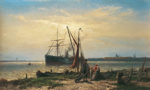 Koekkoek J.H.B.  | Anchored steamboat, oil on panel 24.9 x 42.1 cm, signed l.l.