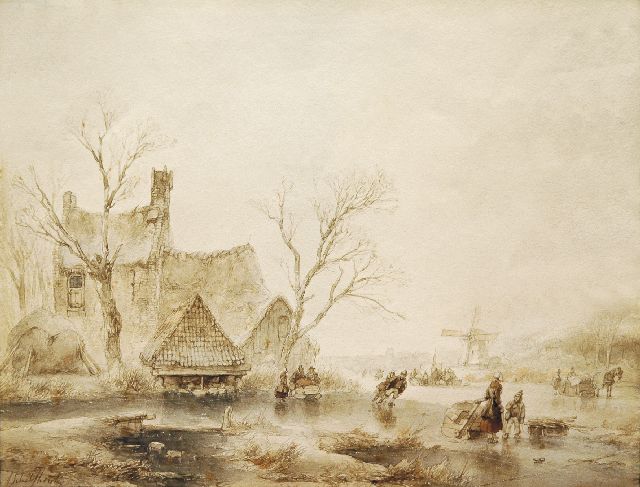 Andreas Schelfhout | Skaters in a winter landscape, pencil, brush in brown ink and black ink on paper, 24.5 x 30.2 cm, signed l.l.