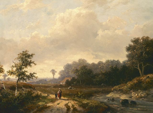 Hendrik Pieter Koekkoek | Travellers in a panoramic landscape, oil on panel, 25.3 x 33.4 cm, signed l.c.