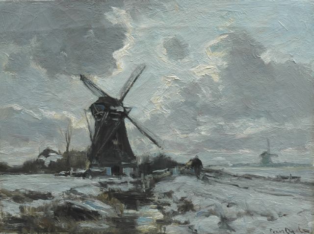 Louis Apol | A windmill in a snow-covered landscape, oil on canvas, 30.5 x 40.6 cm, signed l.r.