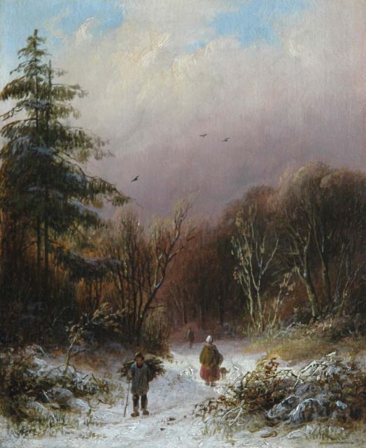 Daiwaille A.J.  | A wood gatherer in a winter landscape, oil on panel 16.3 x 13.4 cm