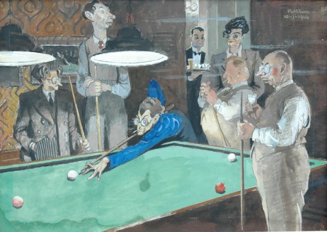 Pol Dom | Billiards at Pulchri, pencil, watercolour and gouache on paper, 29.3 x 41.1 cm, signed u.r. and executed on 10-1-1944