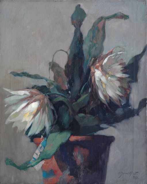 Hoff A.J. van 't | A blooming cactus in an earthenware pot, oil on canvas 50.3 x 40.5 cm, signed l.r. and dated 1923