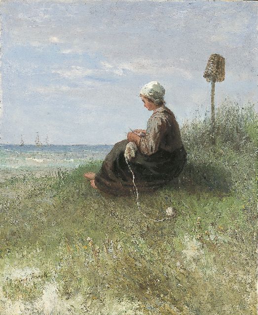 Jozef Israëls | A girl knitting in the dunes, oil on panel, 44.2 x 36.1 cm, signed l.l.